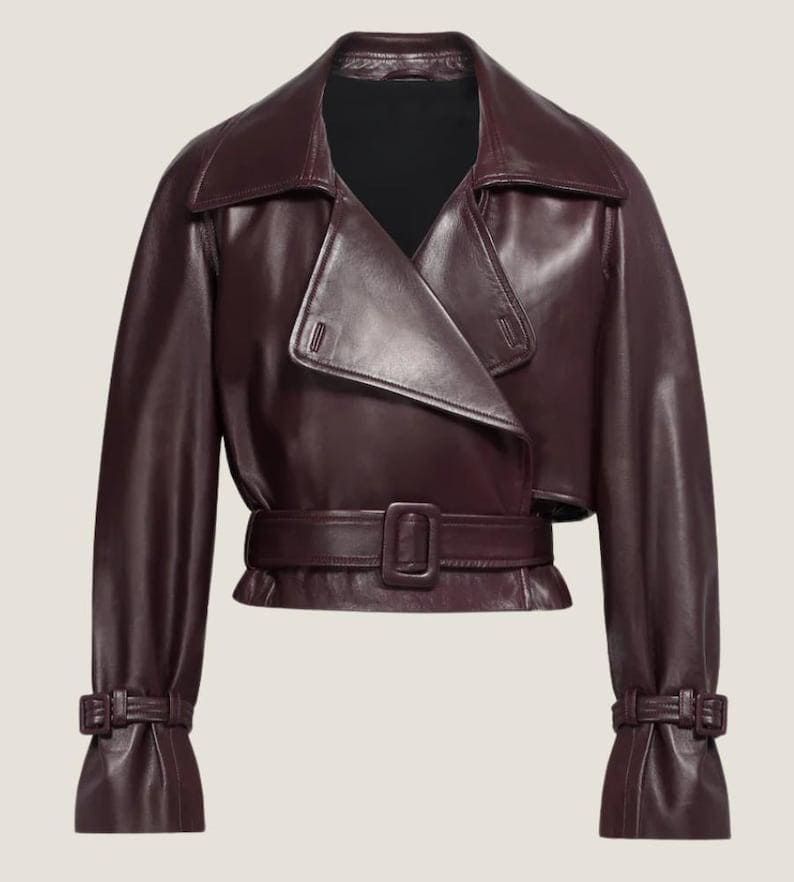 11. Close-up of genuine lambskin leather texture and belt detail on women’s jacket