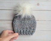 SALE Newborn Chunky Knit Beanie, Chunky Knit Hat, Hand Knitted Toque, Beanie with Faux Fur Pom Pom, Gray Multicolor, Newborn Size