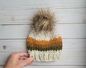 Newborn Chunky Knit Beanie, Knit Hat, Hand Knitted Toque, Beanie with Faux Fur Pom Pom, Newborn Size, Wheat Wheat, Orange, Brown, Green