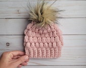 SALE Newborn Knit Beanie, Chunky Knit Hat, Hand Knitted Toque, Puff Stitch, Baby Beanie with pom pom, Newborn, Pink with Faux Fur Pom Pom