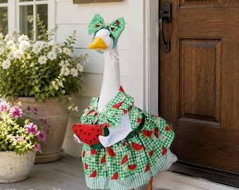 Summer Watermelon Porch Goose Costume, Fits 23-Inch Garden Goose, Polyester Outdoor Decor, Cute Goose Clothing Set