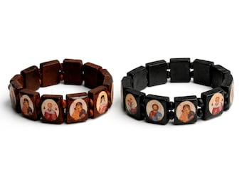 Orthodox 12 Saints Icon Bracelet, Stretch Wooden Beads Christian Gift, Religious Protection Jewelry, Baptism Gift, Handmade in Serbia