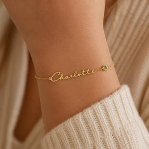 Pulsera personalizada de oro de 18 quilates con nombre y piedra de nacimiento, personalizada, pulsera religiosa personalizada, regalo de joyería personalizado para ella, regalo de cumpleaños