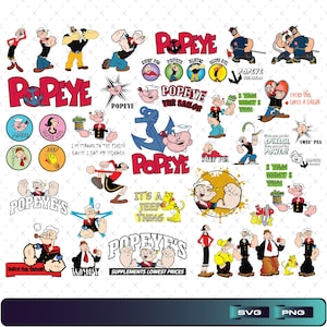 Puede incluir: Una colección de gráficos de Popeye el Marino en varias poses y diseños. Las imágenes incluyen a Popeye con su pipa, ancla y espinacas, junto con texto como "Popeye the Sailor" e "I yam what I yam". La paleta de colores es principalmente roja, blanca y azul.