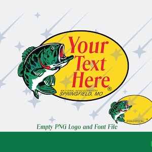 May include: A logo design featuring a green and black fish with an open mouth, set against a yellow oval with the text "Your Text Here" in red. The words "NATIONAL HEADQUARTERS SPRINGFIELD, MO" are also present. A smaller version of the logo is also shown.