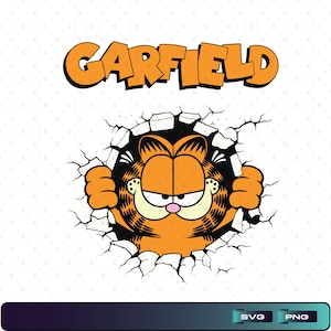 Puede incluir: Personaje de dibujos animados de Garfield naranja rompiendo una pared agrietada, con el nombre "GARFIELD" en naranja arriba. La imagen tiene un fondo blanco y una barra negra y morada en la parte inferior con texto "SVG" y "PNG".