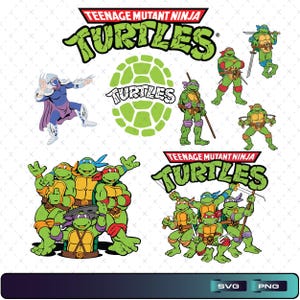 May include: A collection of Teenage Mutant Ninja Turtles graphics. The image includes the TMNT logo, individual turtle characters, and Shredder. The turtles are depicted in their signature colours: green, blue, red, and purple. The image also includes the text "SVG" and "PNG".