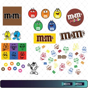 Op de afbeelding: Een verzameling M&M's snoep-thema afbeeldingen. De afbeelding bevat verschillende M&M's-personages met verschillende gezichtsuitdrukkingen, het M&M's-logo en de tekst "M&M's Minis". De afbeelding bevat ook SVG- en PNG-bestandstype labels.
