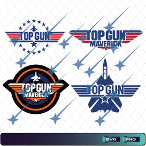 Puede incluir: Colección de cuatro diseños gráficos con temática "Top Gun". Los diseños presentan texto, estrellas y siluetas estilizadas de aviones en rojo, blanco, azul y naranja. Adecuado para proyectos de arte digital.