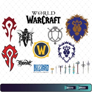 May include: A collection of logos and icons from the World of Warcraft video game. Includes the Horde and Alliance symbols, the Blizzard Entertainment logo, and various weapon illustrations. The text "WORLD OF WARCRAFT" is displayed at the top.
