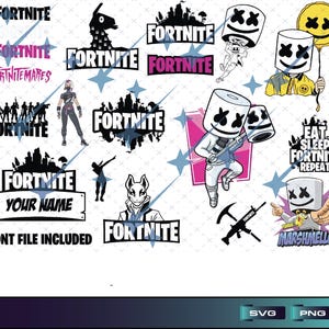 Puede incluir: Una colección de gráficos temáticos de Fortnite, con logotipos, personajes y elementos de texto como "Fortnite" y "Fortnitemares". Los diseños presentan varios estilos y colores, con opciones para formatos de archivo SVG y PNG. Incluye el texto "Your Name".