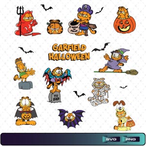 Puede incluir: Una colección de gráficos de Halloween con temática de Garfield. Las imágenes presentan a Garfield con varios disfraces, incluyendo un diablo, un pirata, un vampiro, una momia y una bruja. La frase "Garfield Halloween" se muestra en texto naranja, con murciélagos.