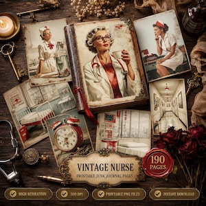 May include: A collection of vintage-themed printable junk journal pages featuring nurse imagery, hospital scenes, and medical equipment. The set includes a central book cover with a nurse illustration, various photographs, a stethoscope, and keys.