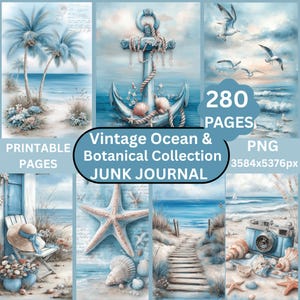 Könnte beinhalten: Eine digitale Collage mit Vintage-Ozean- und botanischem Thema. Die Kunstwerke umfassen Bilder eines Ankers, Muscheln, Möwen, einer Strandszene und einer Kamera. Der Text auf dem Bild lautet "Vintage Ocean & Botanical Collection JUNK JOURNAL".