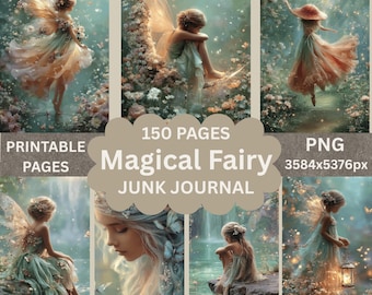 May include: A digital collection of 150 printable pages titled Magical Fairy Junk Journal in PNG format at 3584x5376px. The imagery features various illustrations of fairies with wings in ethereal, floral, and woodland settings with soft lighting.