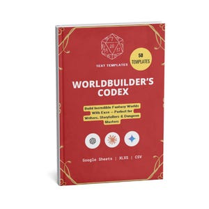 Pode incluir: Um livro vermelho intitulado "WORLDBUILDER'S CODEX" com detalhes decorativos dourados. A capa inclui modelos de texto, 50 modelos e a frase "Build Incredible Fantasy Worlds With Ease". O livro é projetado para escritores, contadores de histórias e mestres de masmorras.