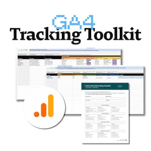 Może przedstawiać: Obraz przedstawia "GA4 Tracking Toolkit" z logo i kilkoma arkuszami kalkulacyjnymi. Arkusze kalkulacyjne zawierają dane i listy kontrolne. Logo to białe koło z pomarańczowymi i żółtymi pionowymi paskami. Tekst jest pogrubiony na czarno.