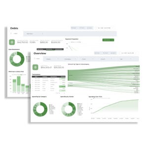 Puede incluir: Un panel financiero digital con gráficos y gráficas verdes y blancas. El panel muestra datos sobre deudas, incluyendo desglose de deudas, mínimo vs. extra pagado y gastos por categoría. Los textos "Debts" y "Overview" son visibles.