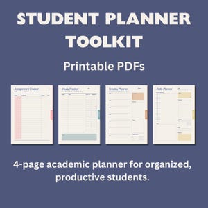 Peut inclure: Un ensemble d'outils de planification étudiant avec quatre pages PDF imprimables. Les pages comprennent un suivi des devoirs, un suivi des études, un planificateur hebdomadaire et un planificateur quotidien. Le texte se lit : "STUDENT PLANNER TOOLKIT Printable PDFs 4-page academic planner for organized, productive students."
