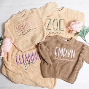 Personalized Embroidered Baby and Toddler Sweater, Embroidered Oversized Chunky Kids Sweater, Baby Name Announcement, Baby Shower Gift image 2