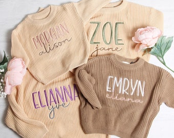 Personalized Embroidered Baby and Toddler Sweater, Embroidered Oversized Chunky Kids Sweater, Baby Name Announcement, Baby Shower Gift