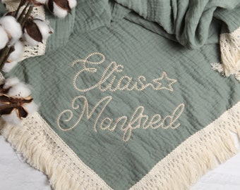 Embroidered Baby Blanket, Personalized Baby Muslin Swaddle Blanket with Large Name, Organic Cotton baby swaddle, Custom Boho Baby Boy Gift