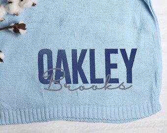 Couverture de bébé personnalisée, nom brodé, couverture de bébé en tricot, cadeau de bébé nouveau-né, Swaddle doux tricot de coton respirant, nom souvenir personnalisé