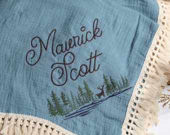 Personalized Embroidered Baby Boy Muslin Swaddle Blanket with Name, Deer, Trees Design, Woodland, Forest Theme, Boho Custom Baby Boy Gift