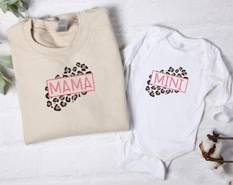 Embroidered Mama and Mini Matching Set, Leopard and Hot Pink, Sweatshirts and Baby Bodysuits, Mommy and Me Crewneck Pullovers, Mothers Day