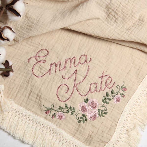 Personalized Embroidered Baby Muslin Swaddle Blanket with Name and Rose Floral Design, Organic Cotton baby swaddle, Custom Boho Baby Gift