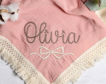 Personalized Embroidered Baby Blanket with Name and Bow Coquette Baby Blanket Muslin Swaddle Organic Cotton swaddle Custom Boho Baby Gift