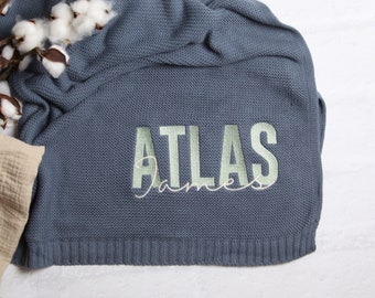Couverture de bébé personnalisée, nom brodé, couverture de bébé en tricot, cadeau de bébé nouveau-né, Swaddle doux tricot de coton respirant, nom souvenir personnalisé