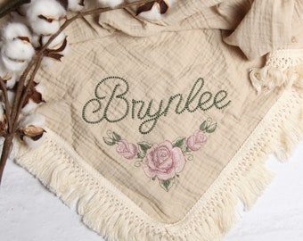 Embroidered Personalized Baby Muslin Swaddle Blanket with Name and Rose Floral Design, Organic Cotton baby swaddle, Custom Boho Baby Gift