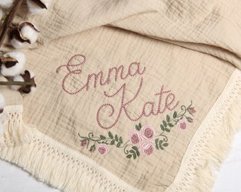 Personalized Embroidered Baby Muslin Swaddle Blanket with Name and Rose Floral Design, Organic Cotton baby swaddle, Custom Boho Baby Gift