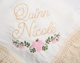 Personalized Embroidered Baby Muslin Swaddle Blanket with Name and Rose Floral Design, Organic Cotton baby swaddle, Custom Boho Baby Gift