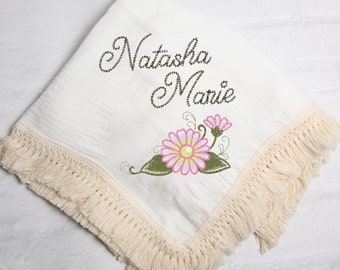 Personalized Embroidered Baby Muslin Swaddle Blanket Name and Birth Month Flower Design Keepsake Organic Cotton Birth Flower Baby Gift