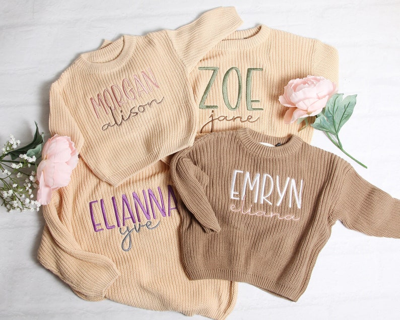 Personalized Embroidered Baby and Toddler Sweater, Embroidered Oversized Chunky Kids Sweater, Baby Name Announcement, Baby Shower Gift image 2