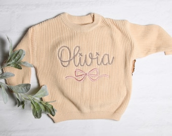 Personalized Embroidered Baby and Toddler Sweater with Bow, Embroidered Oversized Chunky Kids Sweater Coquette Baby Sweater Baby Shower Gift