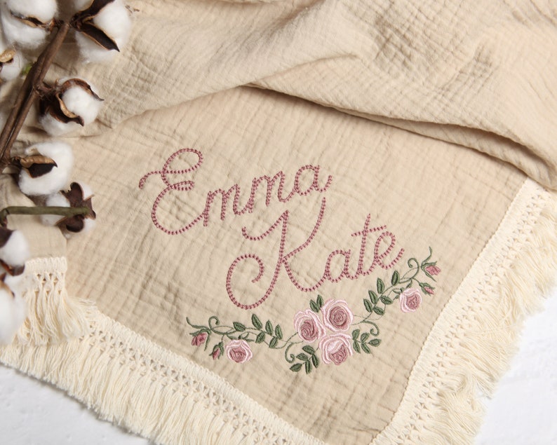 Personalized Embroidered Baby Muslin Swaddle Blanket with Name and Rose Floral Design, Organic Cotton baby swaddle, Custom Boho Baby Gift image 1