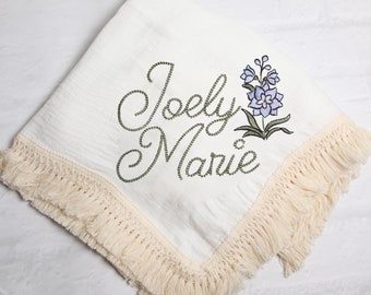 Personalized Embroidered Baby Muslin Swaddle Blanket Name and Birth Month Flower Design Keepsake Organic Cotton Birth Flower Baby Gift