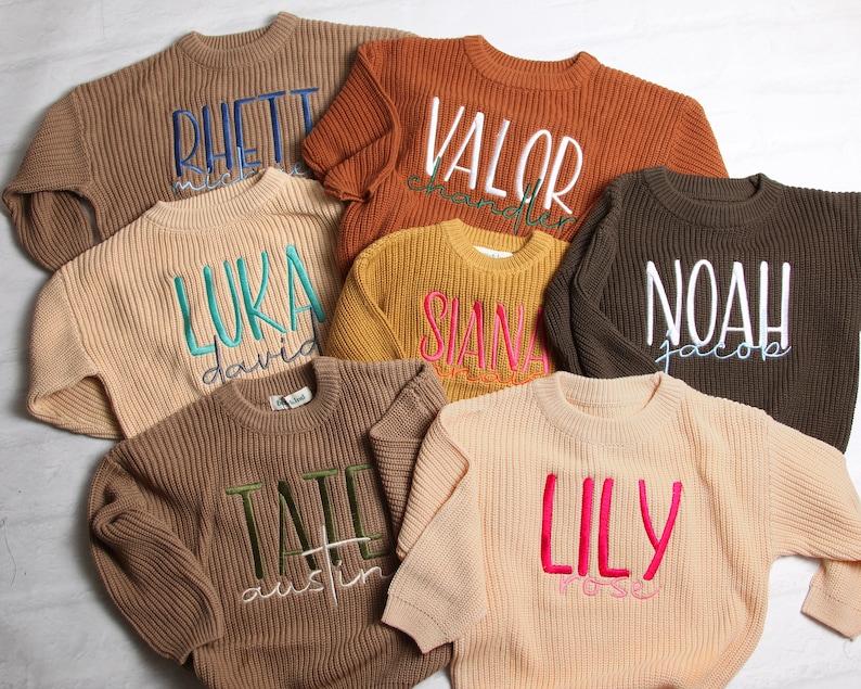 Personalized Embroidered Baby and Toddler Sweater, Embroidered Oversized Chunky Kids Sweater, Baby Name Announcement, Baby Shower Gift image 7