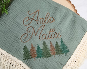 Personalized Embroidered Baby Boy Muslin Swaddle Blanket with Name, Woodland Trees Design, Woodland, Forest Theme, Boho Custom Baby Boy Gift