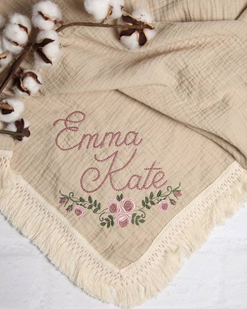 Personalized Embroidered Baby Muslin Swaddle Blanket with Name and Rose Floral Design, Organic Cotton baby swaddle, Custom Boho Baby Gift image 2