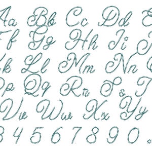 May include: A cursive alphabet and numbers in a teal blue color. The letters and numbers are made up of small circles.