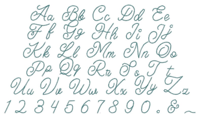 May include: A cursive alphabet and numbers in a teal blue color. The letters and numbers are made up of small circles.