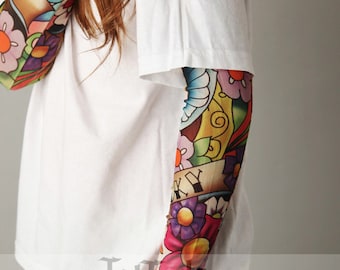 Tattoo Sleeve Flower Bird White Shirt for Girls