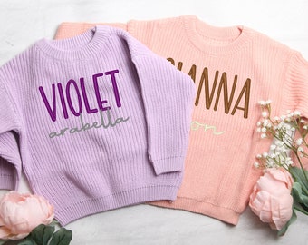 Personalized Embroidered Baby and Toddler Sweater, Embroidered Oversized Chunky Kids Sweater, Baby Name Announcement, Baby Shower Gift