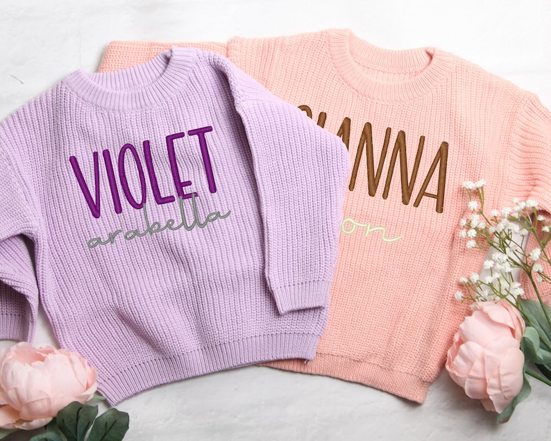 Personalized Embroidered Baby and Toddler Sweater, Embroidered Oversized Chunky Kids Sweater, Baby Name Announcement, Baby Shower Gift image 1