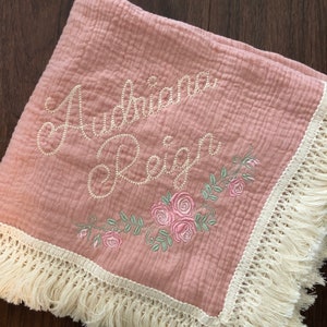 Personalized Embroidered Baby Muslin Swaddle Blanket with Name and Rose Floral Design, Organic Cotton baby swaddle, Custom Boho Baby Gift image 9