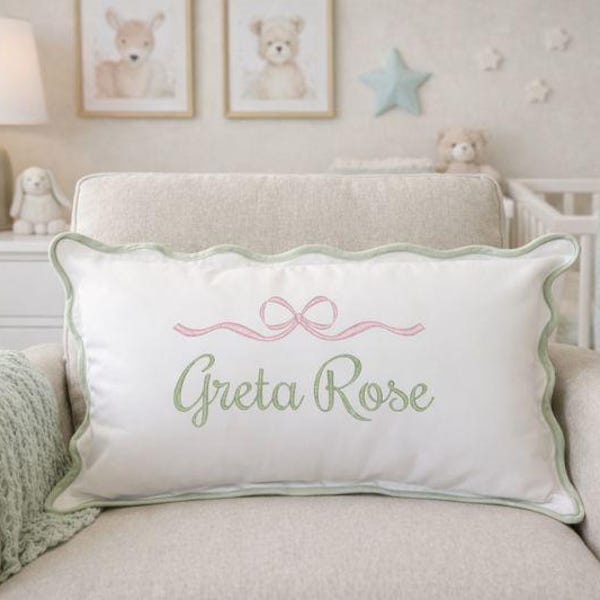 Embroidered Baby Name Pillow, Scalloped Edge Cotton Nursery Decor, Personalized Nursery Pillowcase, Baby Girl Pillow Sham, Custom Baby Gift